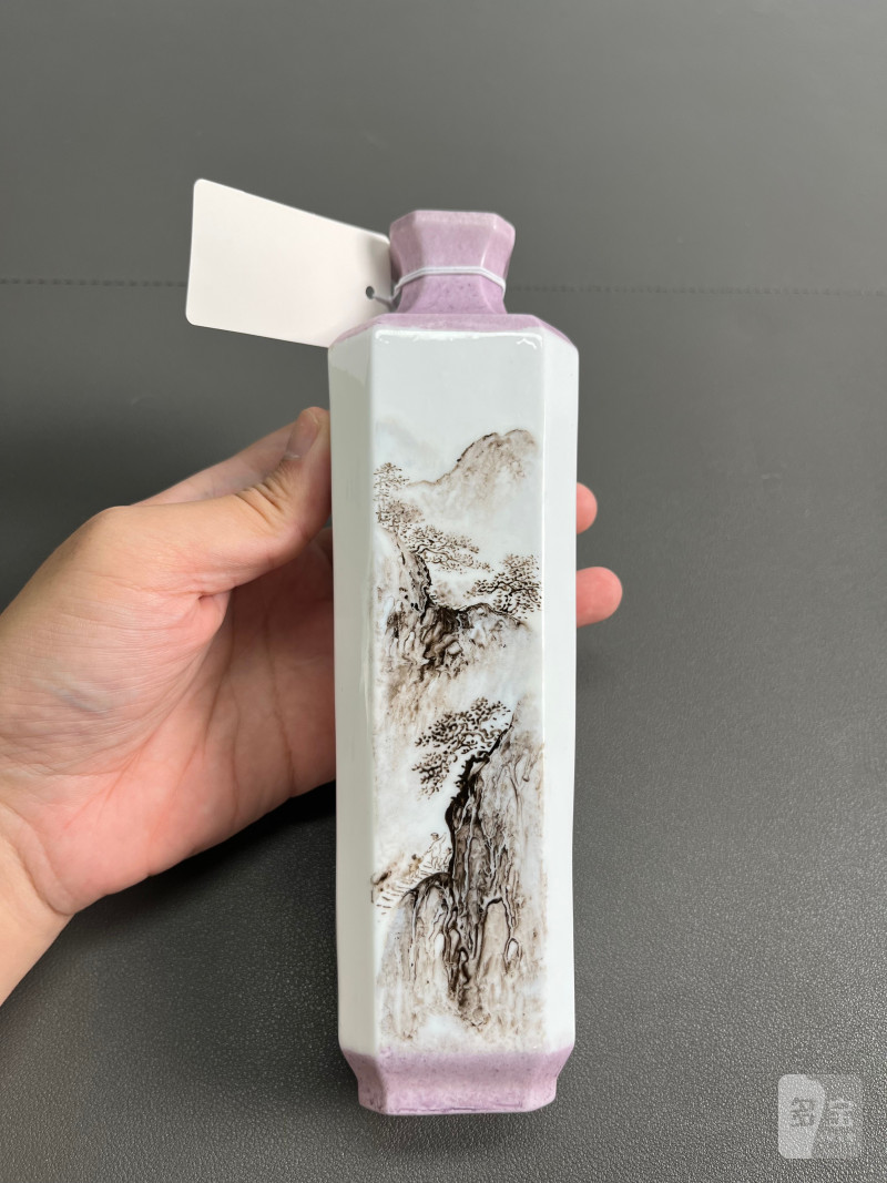 现代  王锡良墨彩山水诗文四方瓶 - 图4